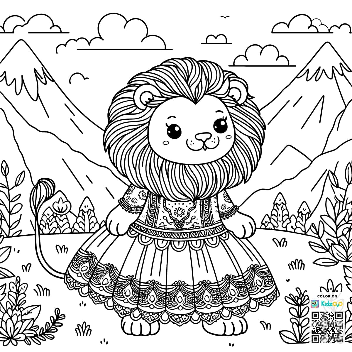 A Cute Lion in the Mountains wearing a beautiful dress
