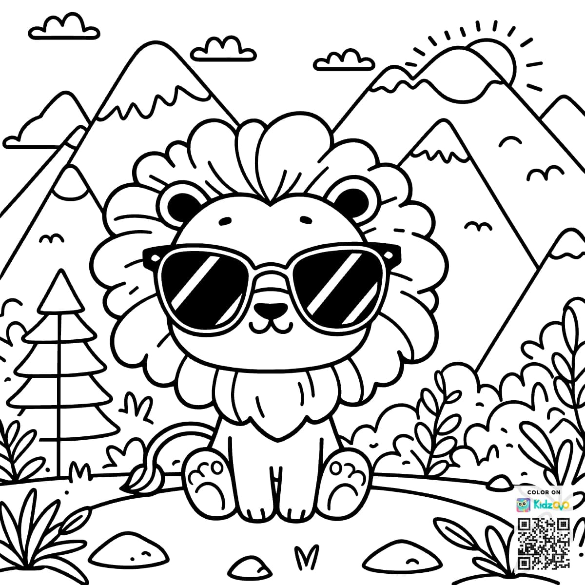 A Cute Lion in the Mountains wearing a Sunglasses