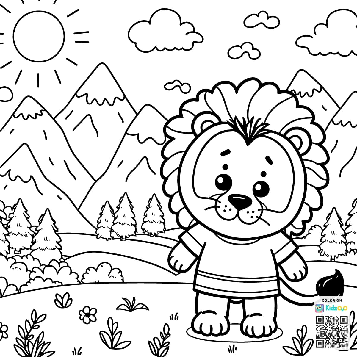 A Cute Lion in the Mountains wearing a T-Shirt
