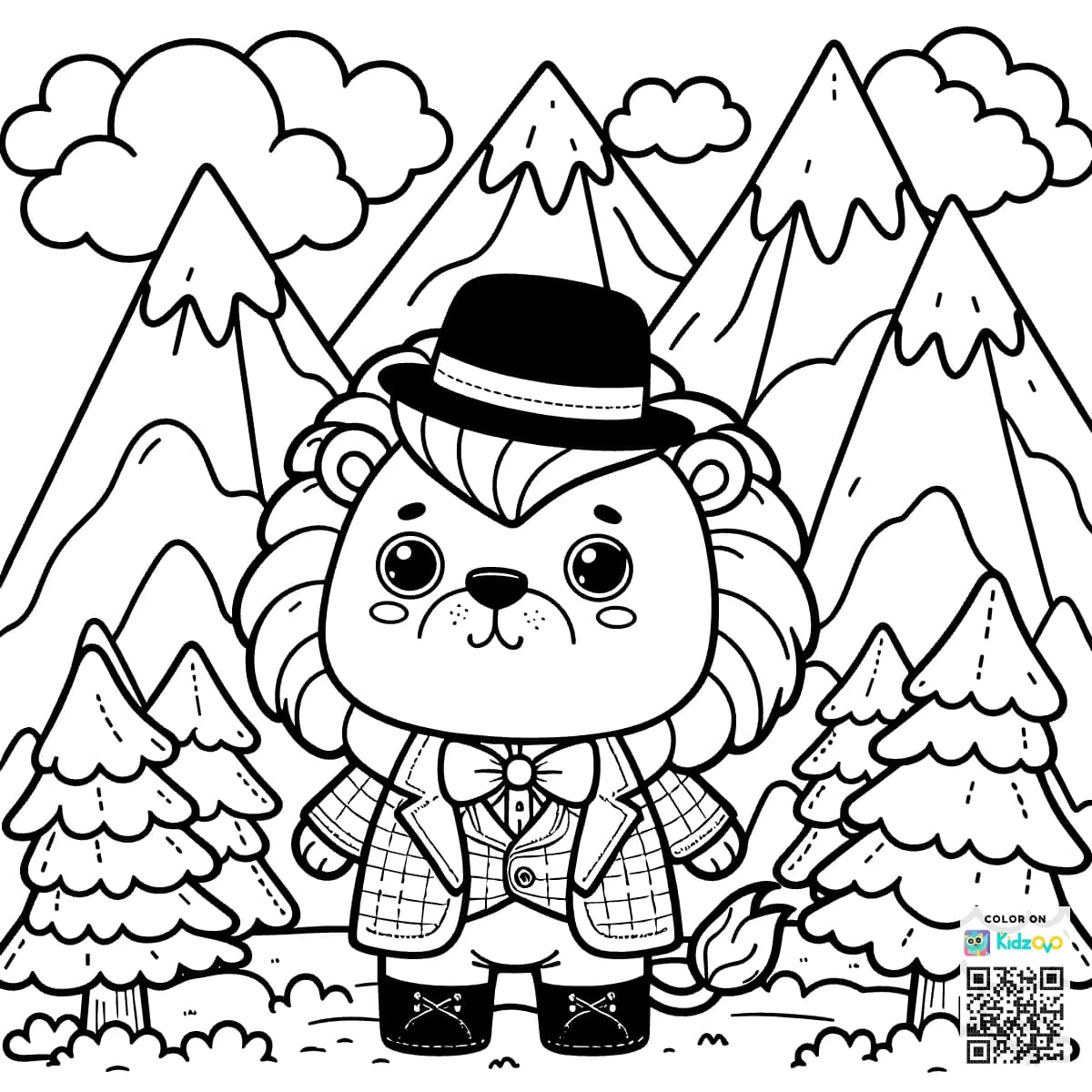 A Cute Lion in the Mountains wearing a Top Hat