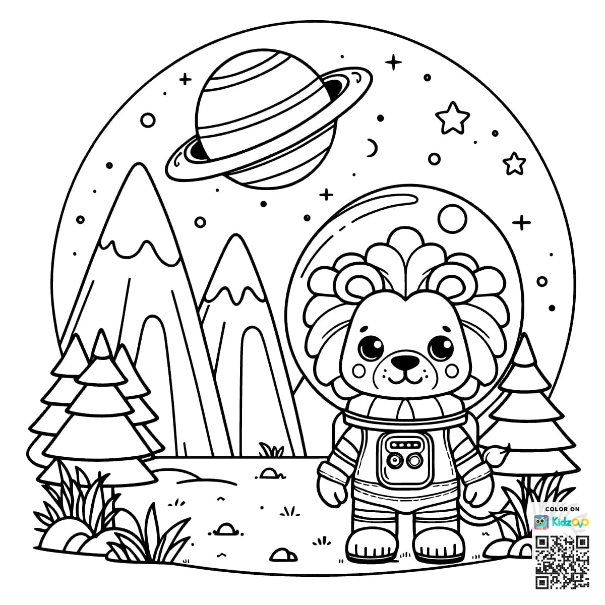 A Cute Lion in the Mountains wearing an astronaut suit