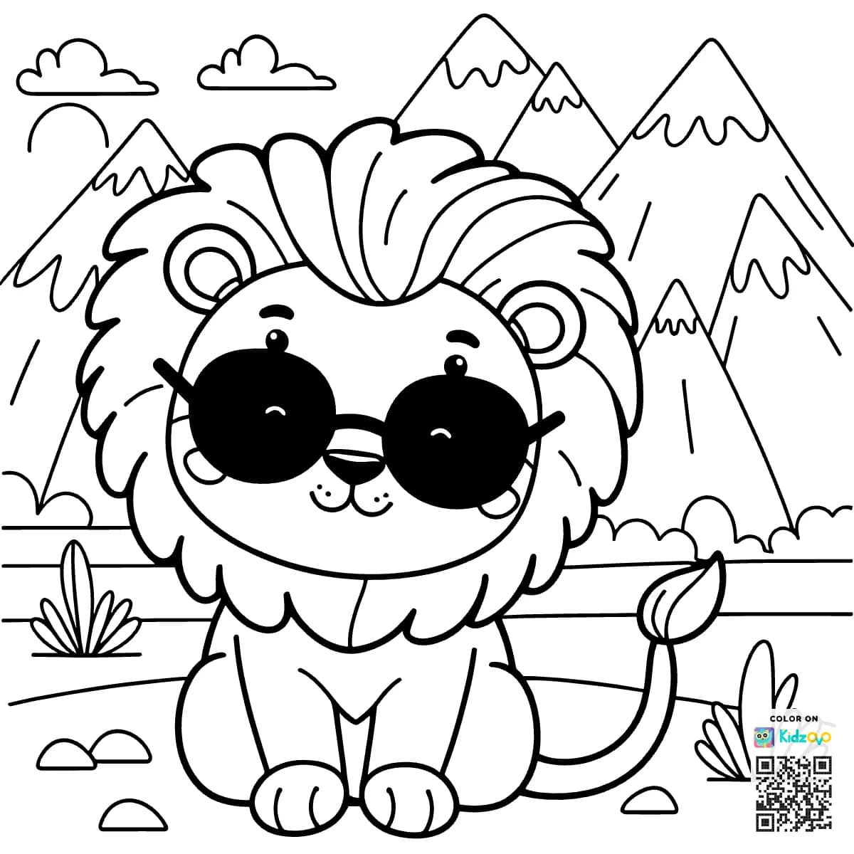 A Cute Lion in the Mountains wearing Sunglasses