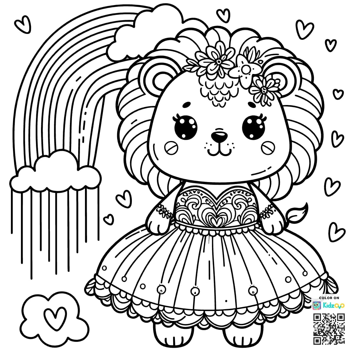 A Cute Lion on a Rainbow wearing a beautiful dress