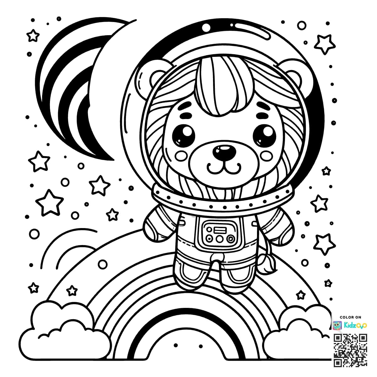 A Cute Lion on a Rainbow wearing an astronaut suit