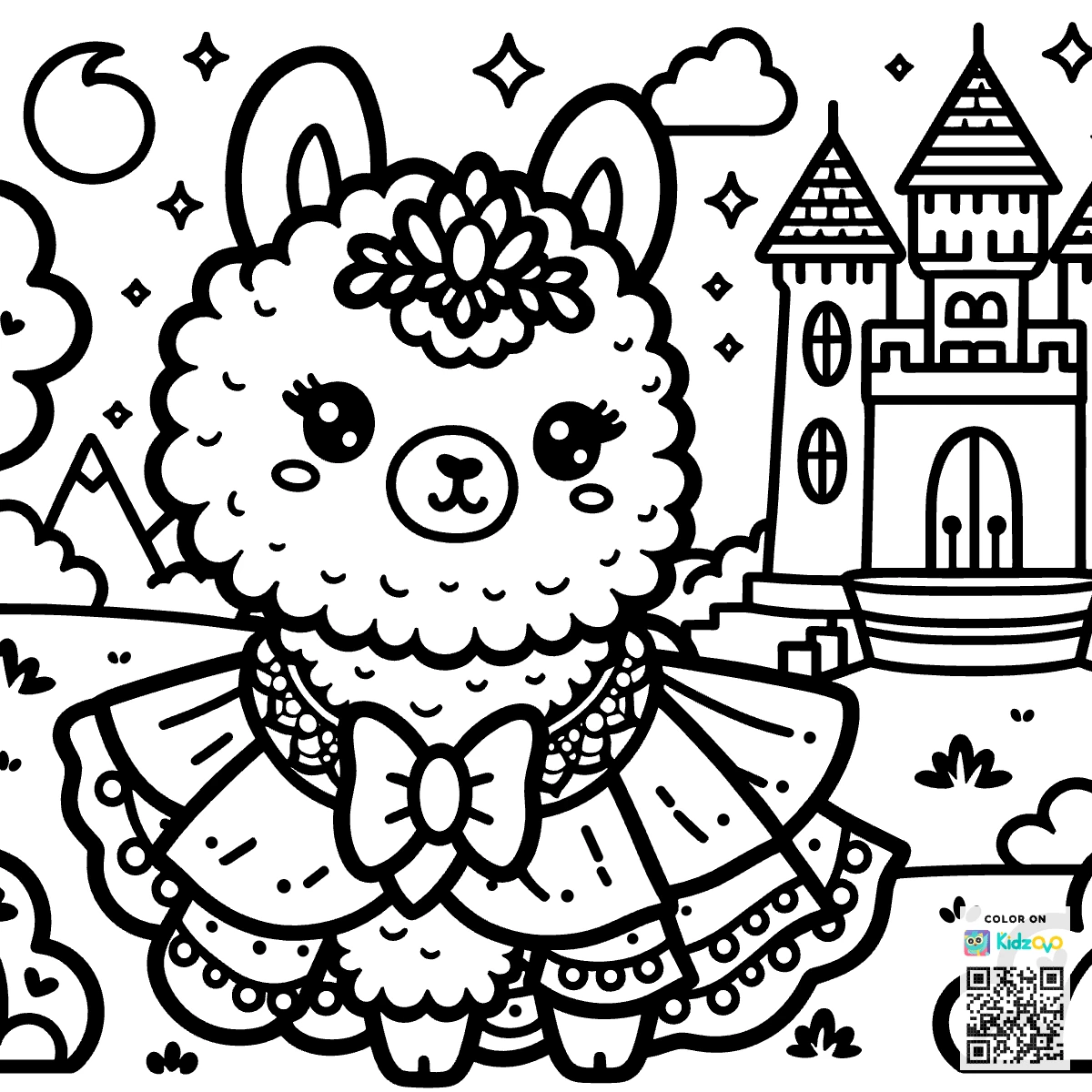 A Cute Llama in a Castle wearing a beautiful dress