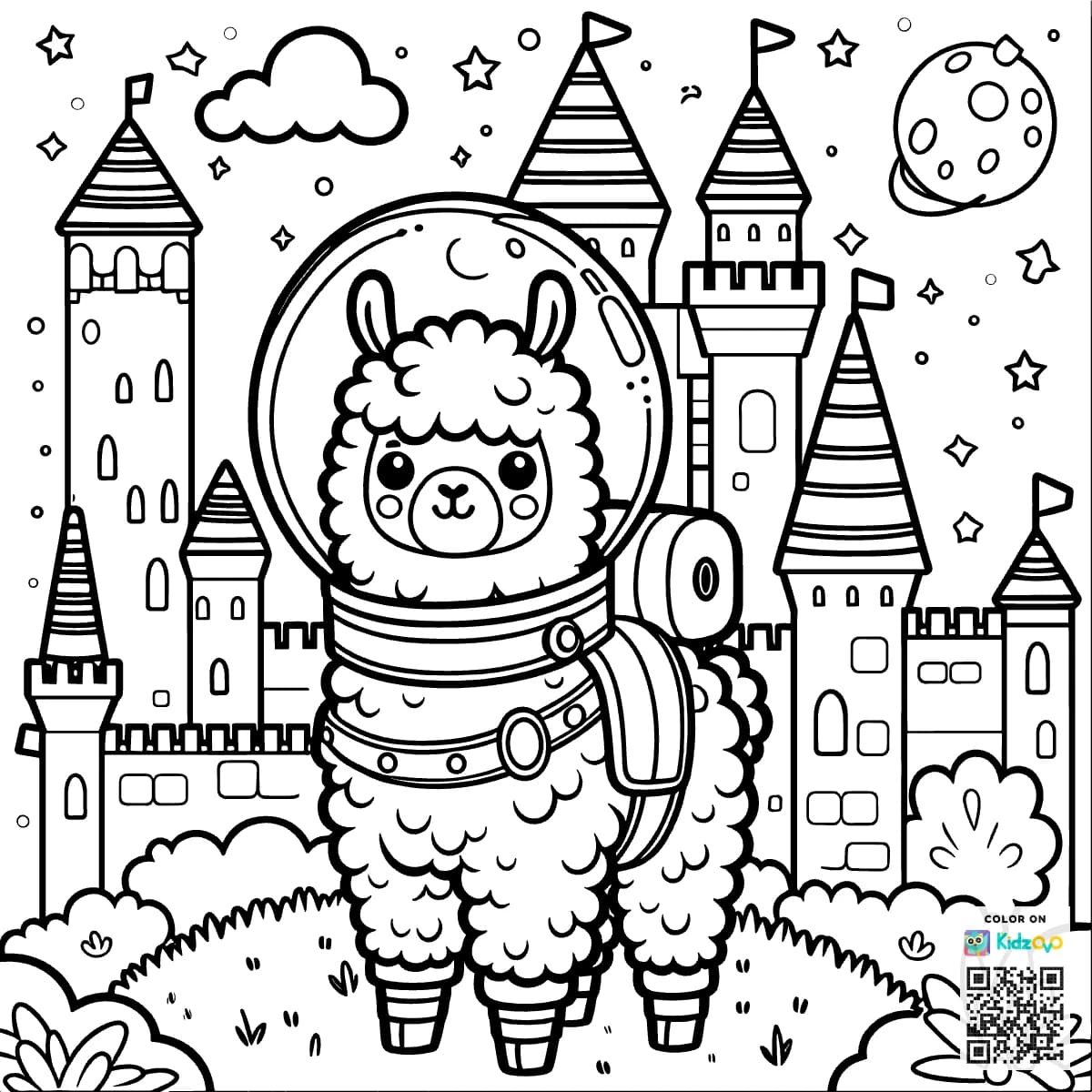 A Cute Llama in a Castle wearing an astronaut suit