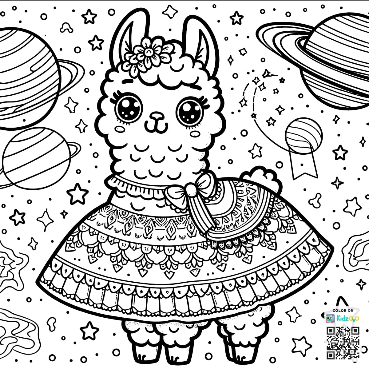 A Cute Llama in Space wearing a beautiful dress