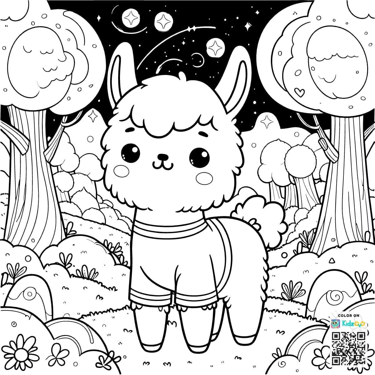 A Cute Llama in the Magic Forest wearing a T-Shirt