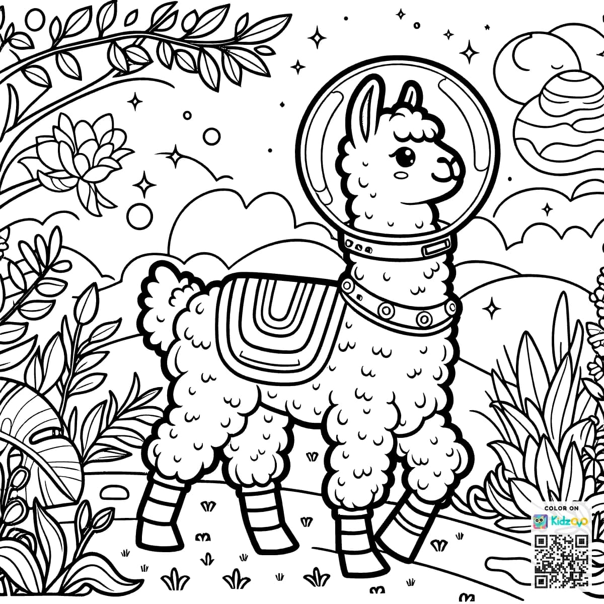 A Cute Llama in the Magic Forest wearing an astronaut suit