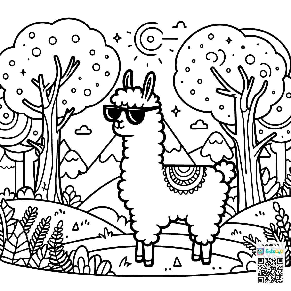 A Cute Llama in the Magic Forest wearing Sunglasses