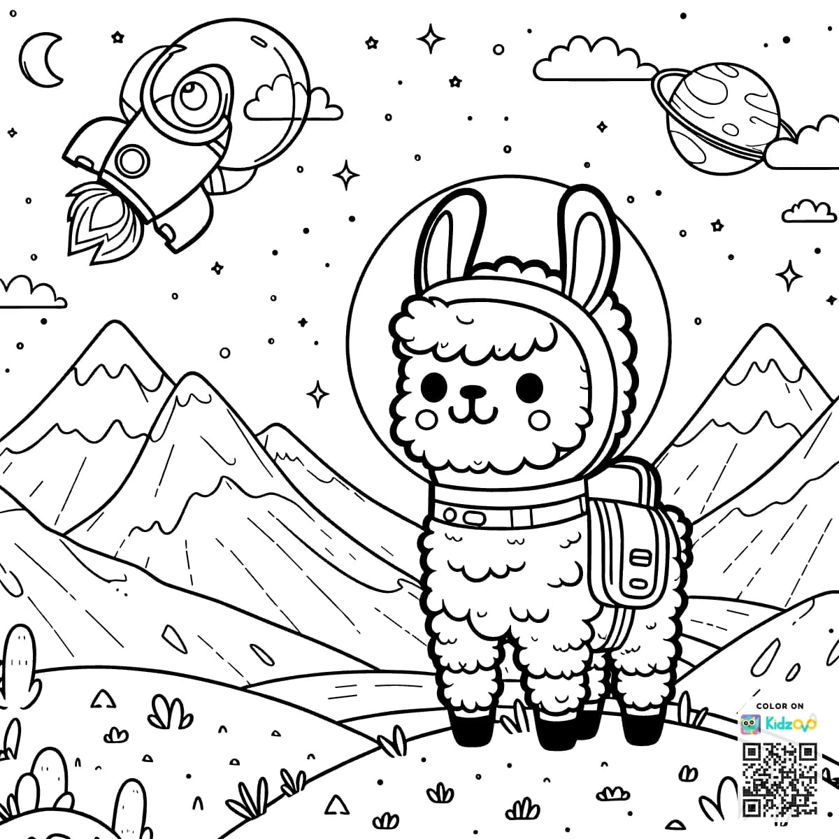 A Cute Llama in the Mountains wearing an astronaut suit