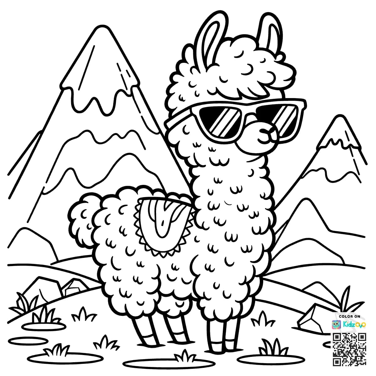 A Cute Llama in the Mountains wearing Sunglasses