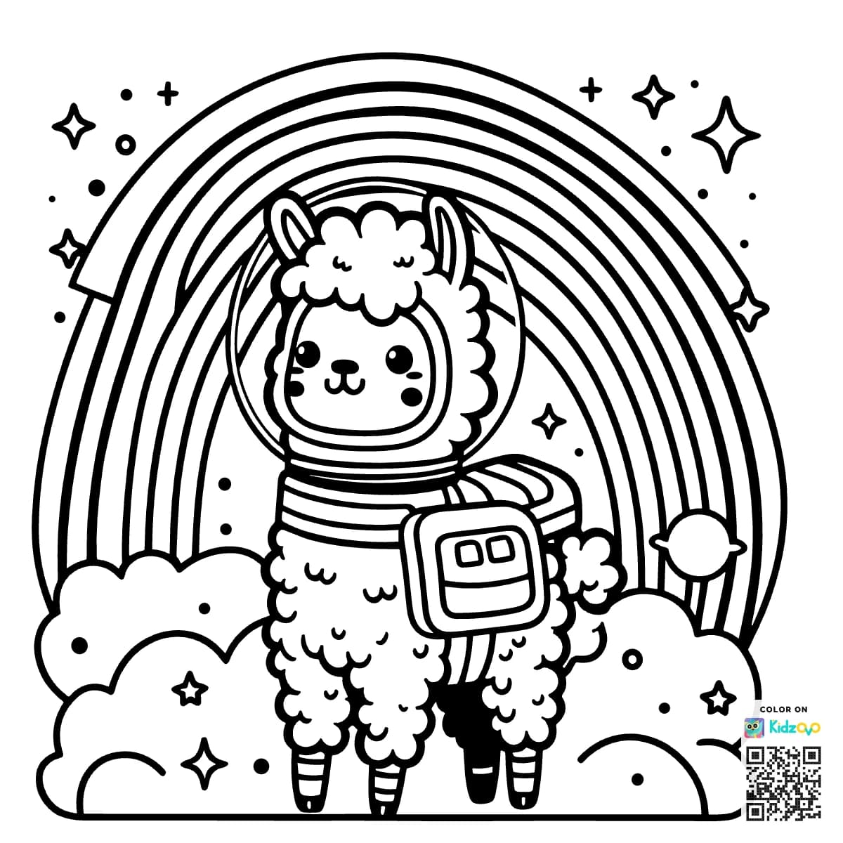 A Cute Llama on a Rainbow wearing an astronaut suit