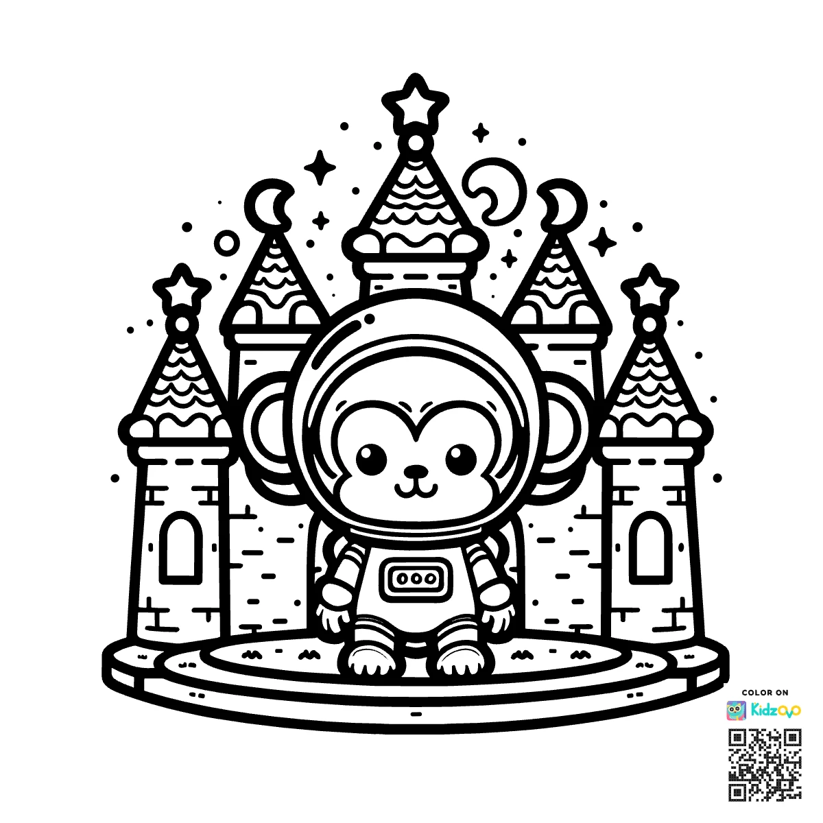 A Cute Monkey in a Castle wearing an astronaut suit