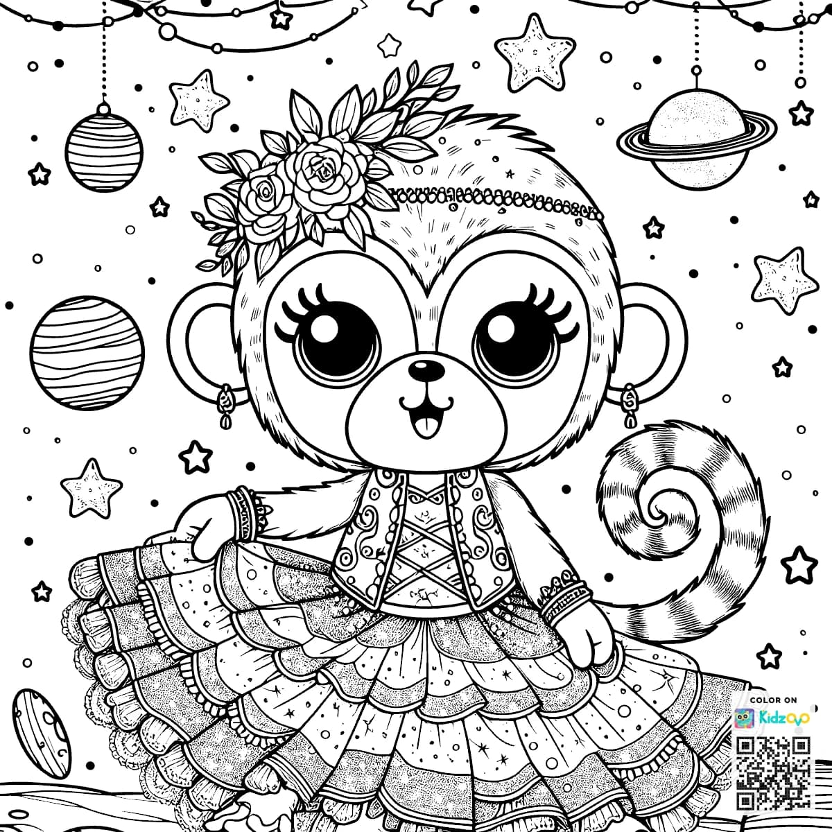 A Cute Monkey in Space wearing a beautiful dress