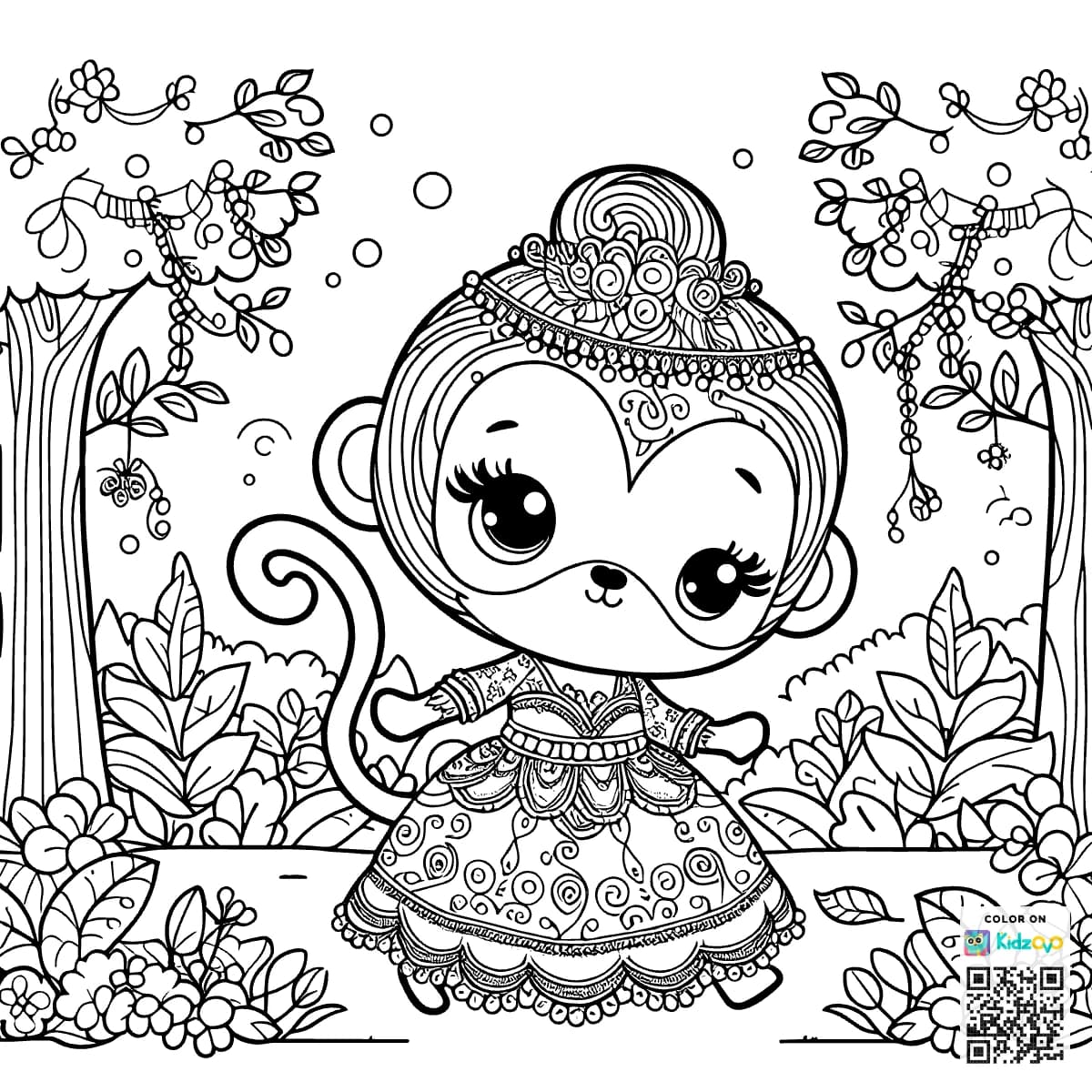 A Cute Monkey in the Magic Forest wearing a beautiful dress