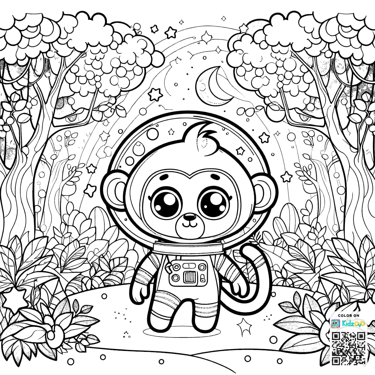 A Cute Monkey in the Magic Forest wearing an astronaut suit