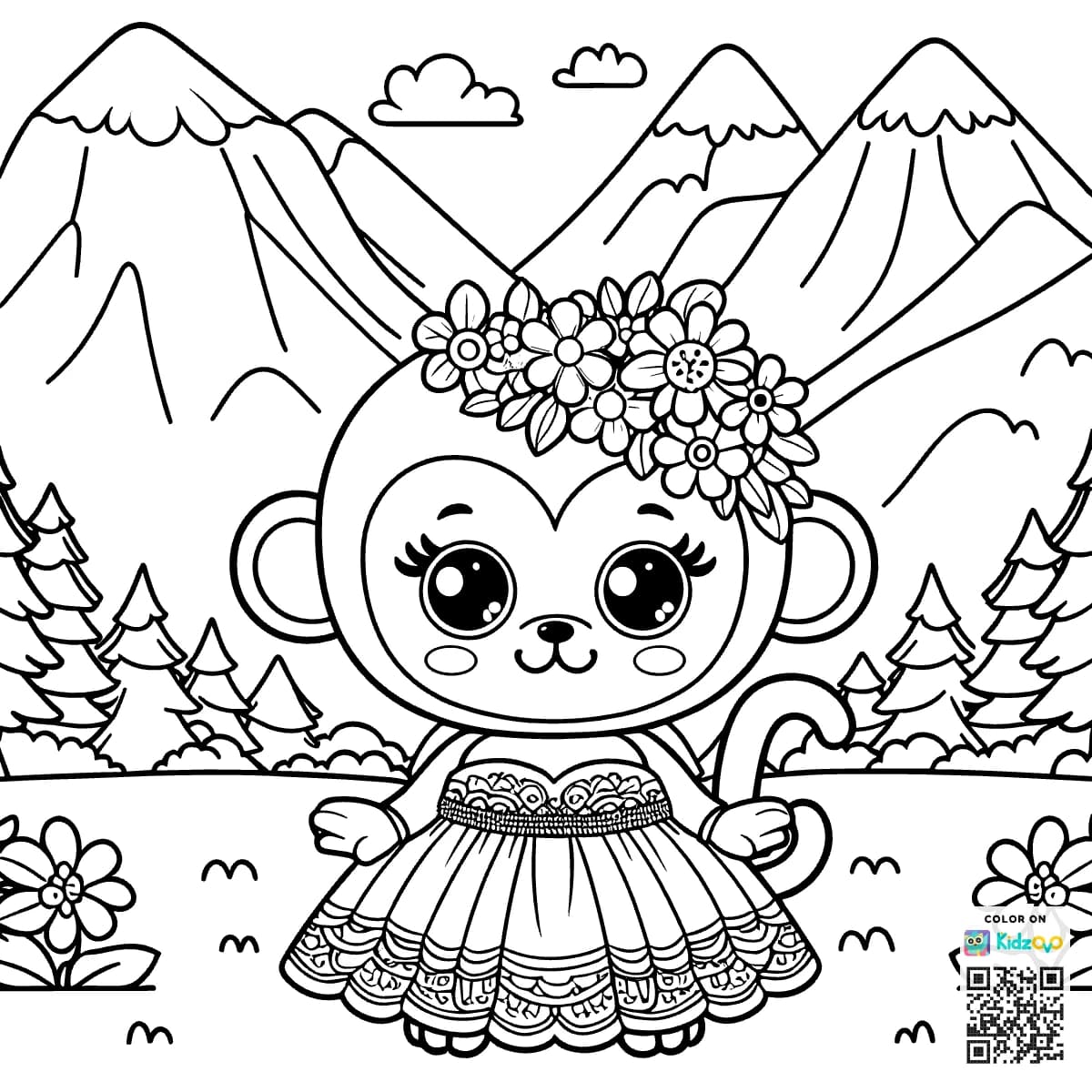 A Cute Monkey in the Mountains wearing a beautiful dress