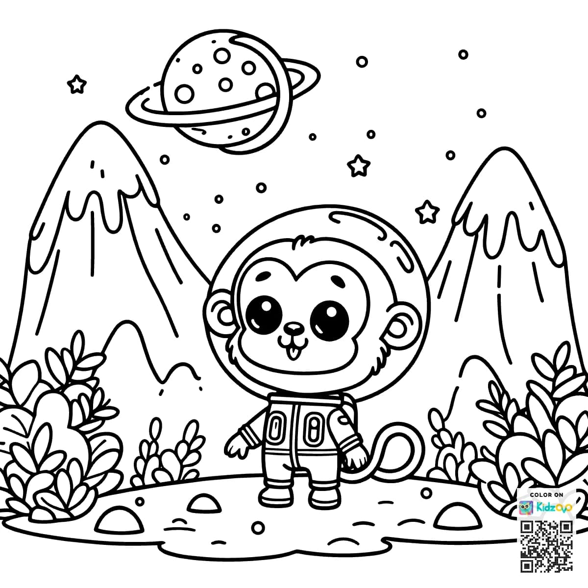 A Cute Monkey in the Mountains wearing an astronaut suit