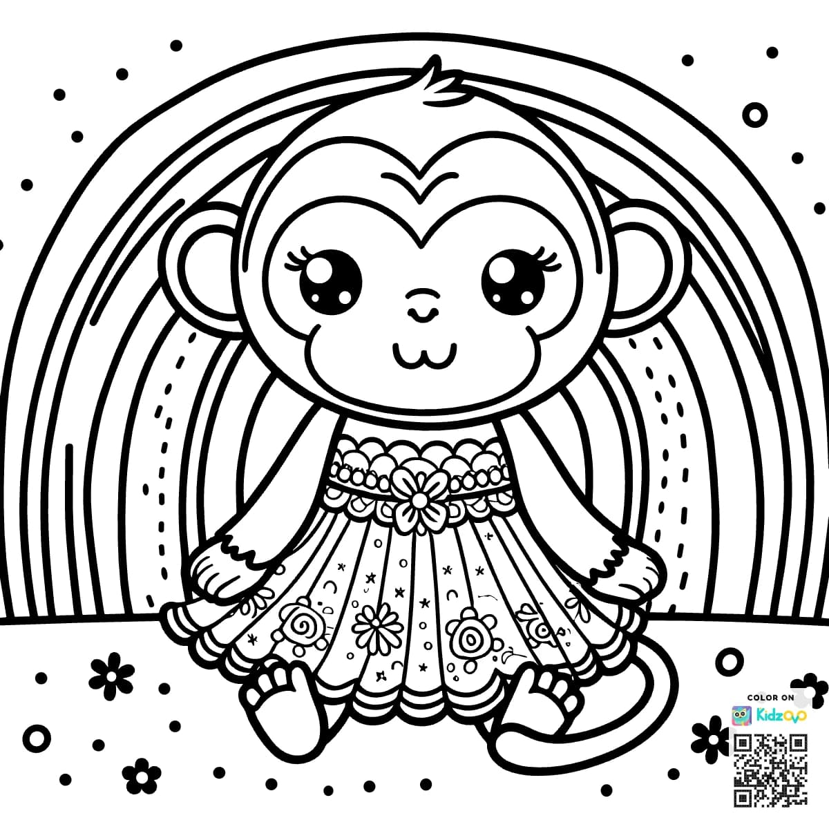 A Cute Monkey on a Rainbow wearing a beautiful dress