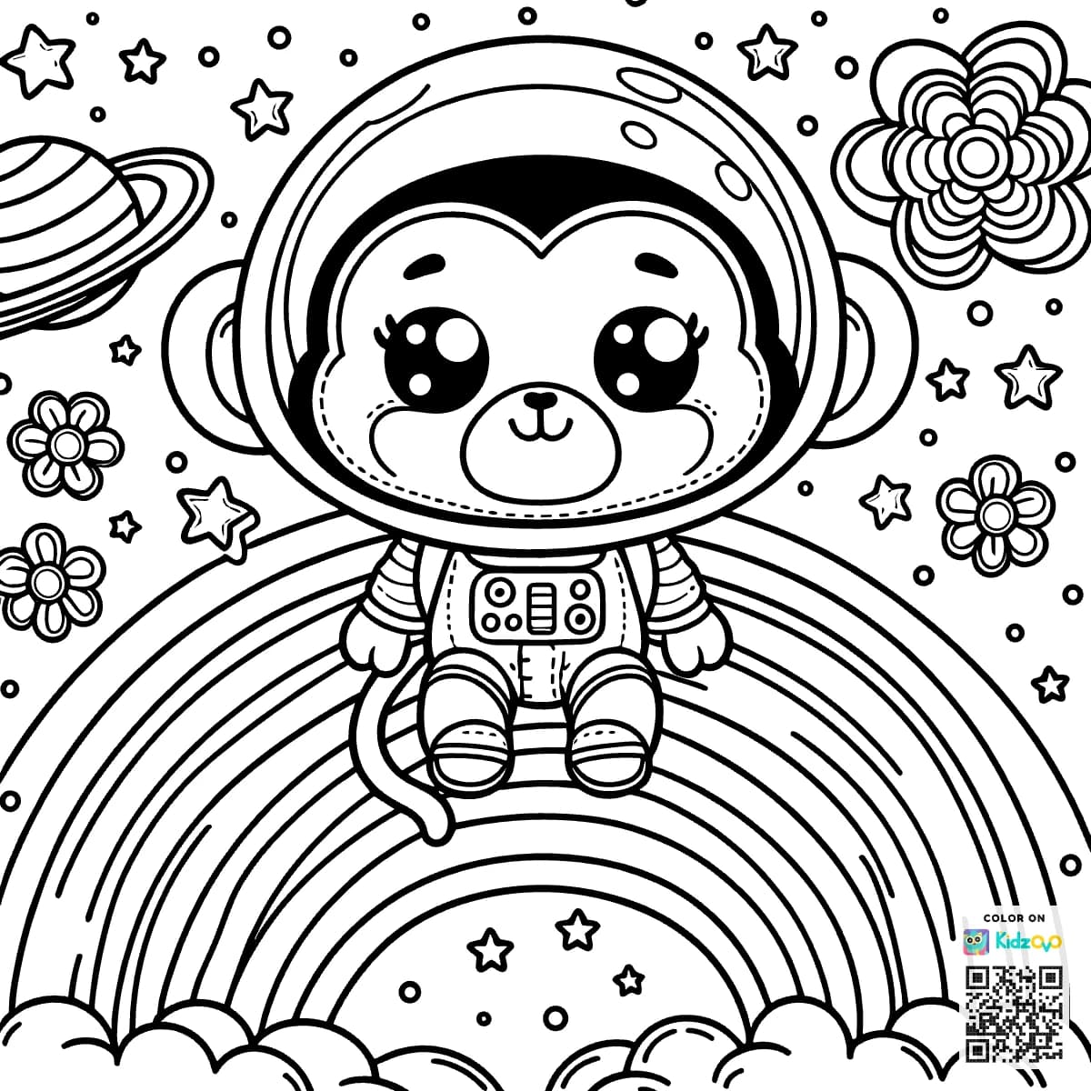 A Cute Monkey on a Rainbow wearing an astronaut suit