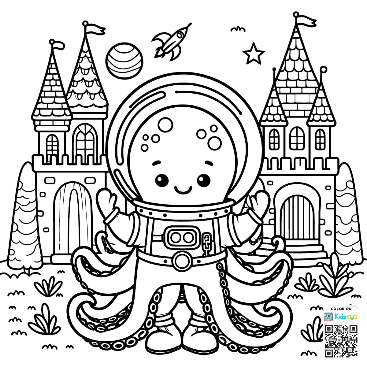 A Cute Octopus in a Castle wearing an astronaut suit