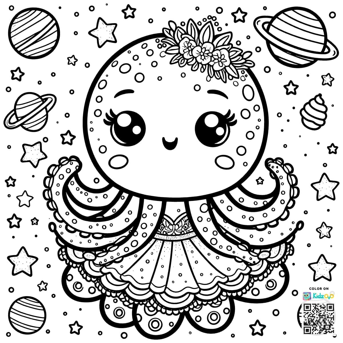 A Cute Octopus in Space wearing a beautiful dress