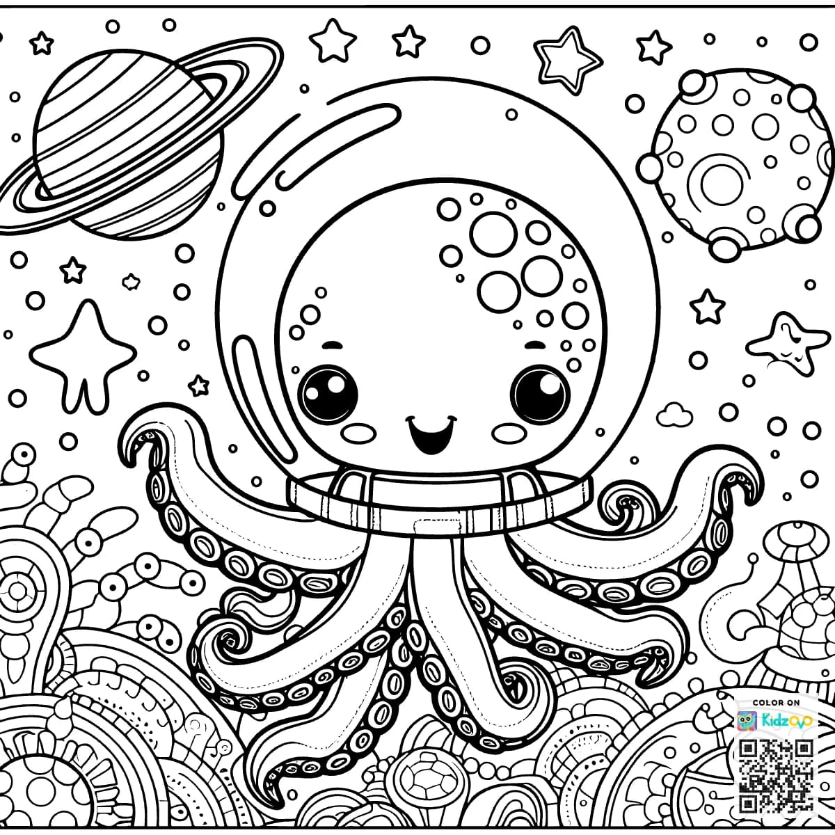 A Cute Octopus in Space wearing an astronaut suit