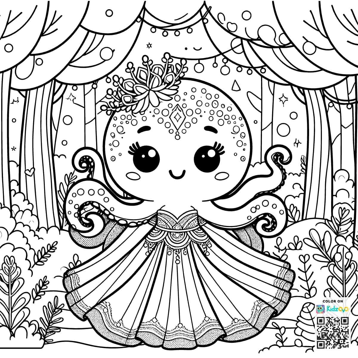 A Cute Octopus in the Magic Forest wearing a beautiful dress
