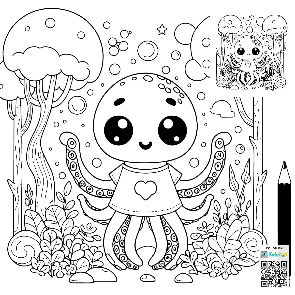 A Cute Octopus in the Magic Forest wearing a T-Shirt