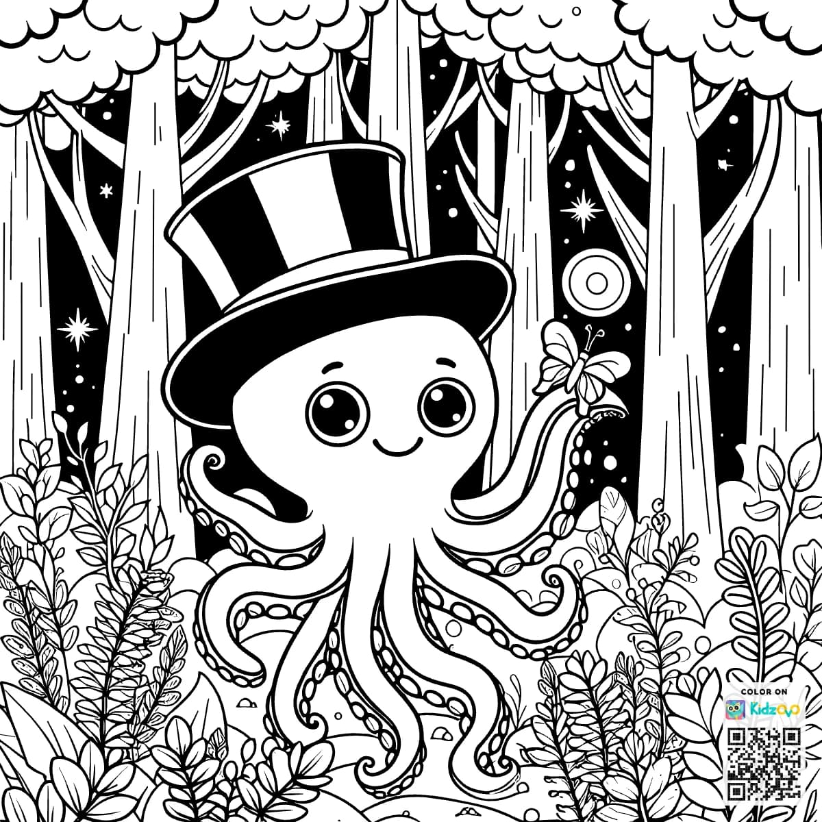 A Cute Octopus in the Magic Forest wearing a Top Hat