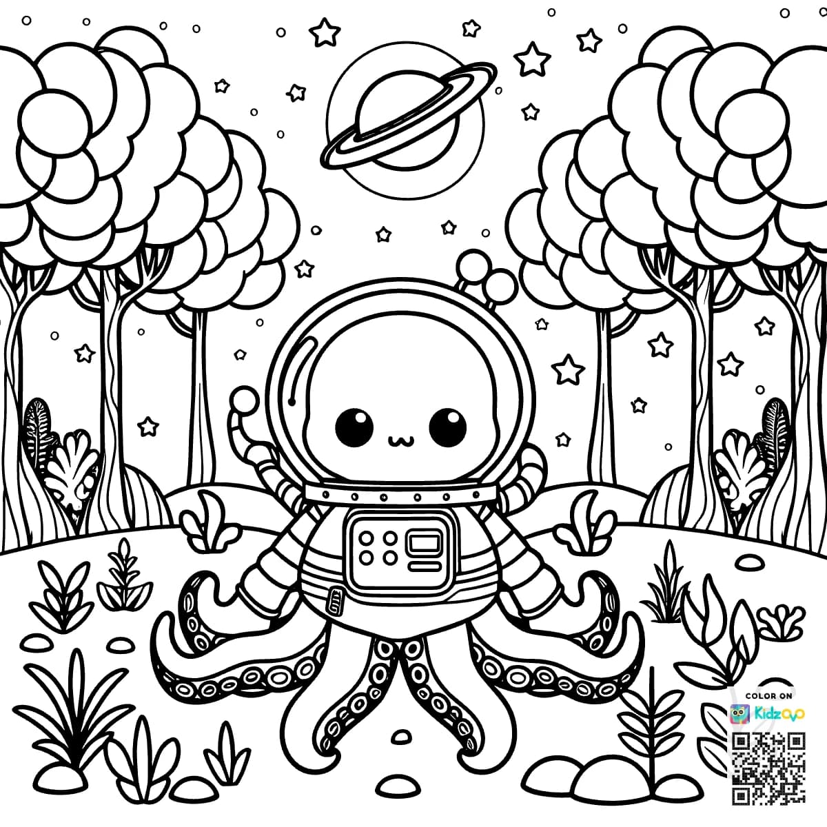 A Cute Octopus in the Magic Forest wearing an astronaut suit