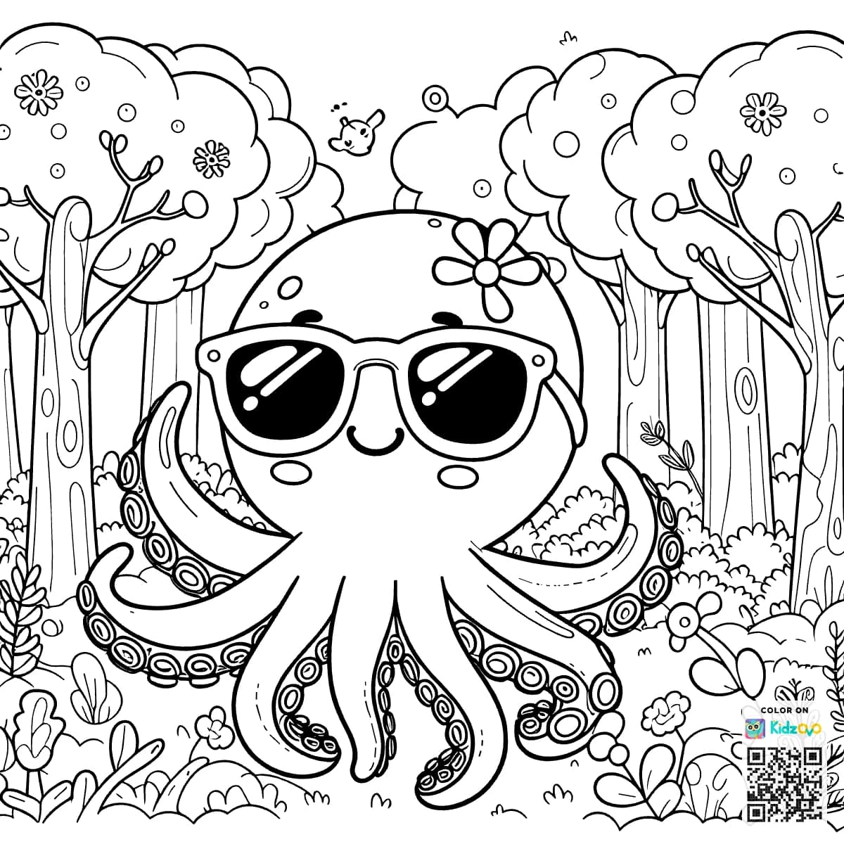 A Cute Octopus in the Magic Forest wearing Sunglasses