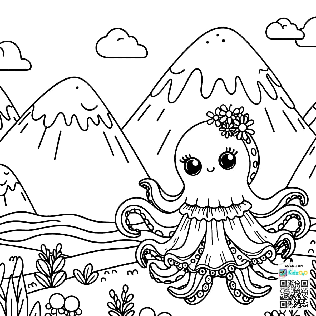 A Cute Octopus in the Mountains wearing a beautiful dress