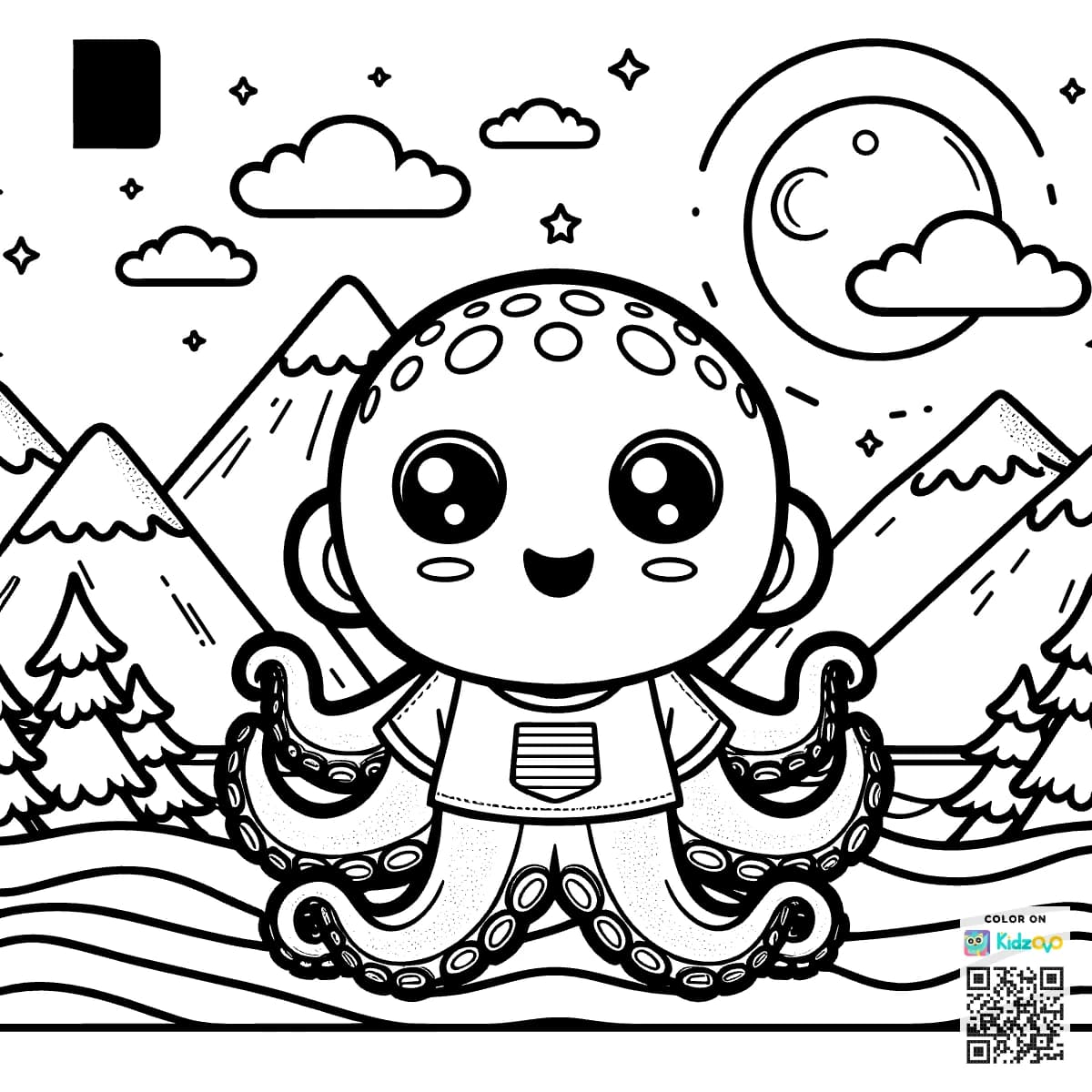 A Cute Octopus in the Mountains wearing a T-Shirt