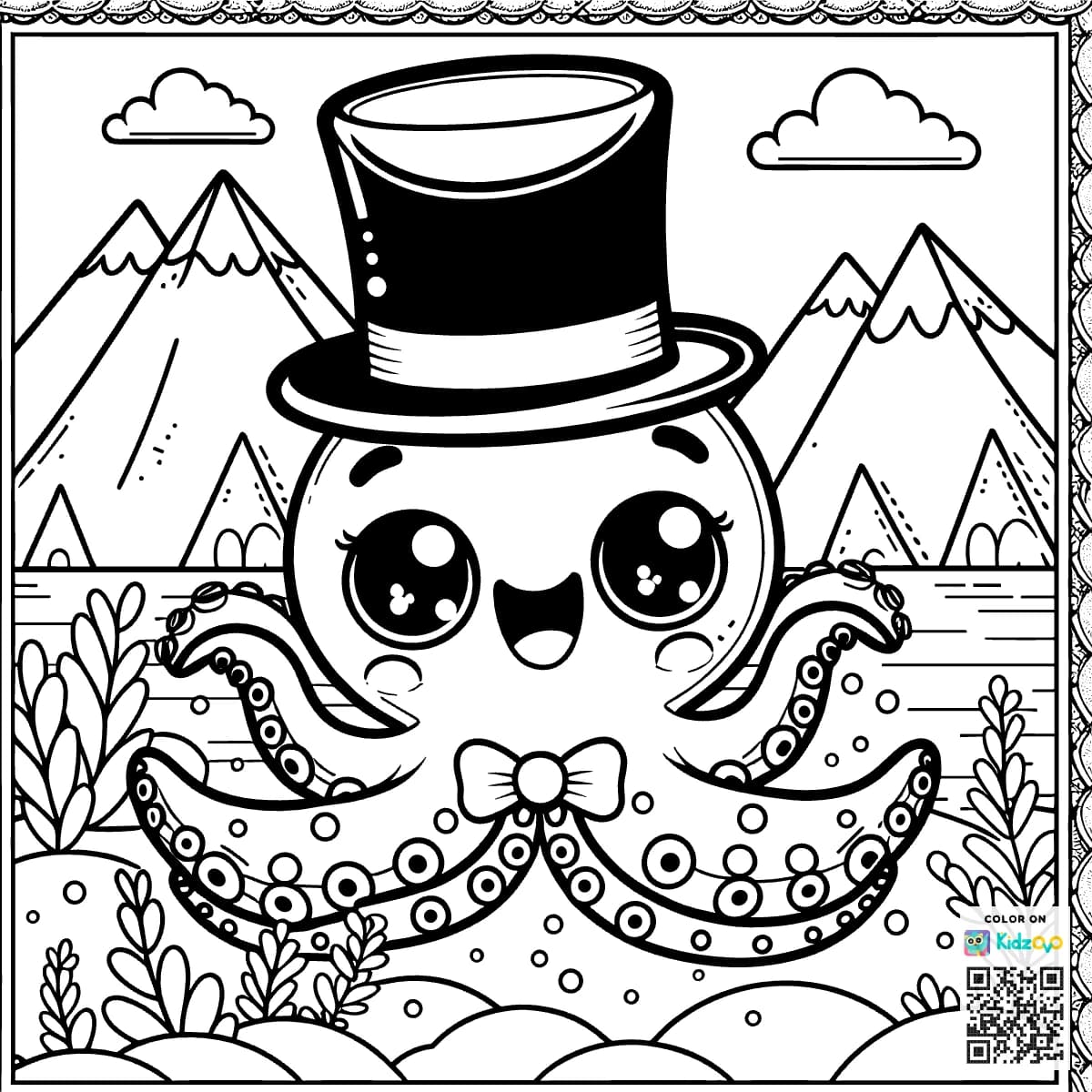 A Cute Octopus in the Mountains wearing a Top Hat