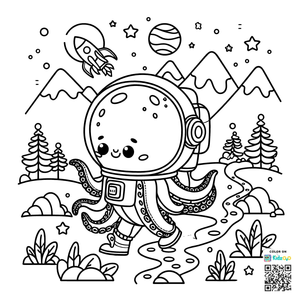 A Cute Octopus in the Mountains wearing an astronaut suit
