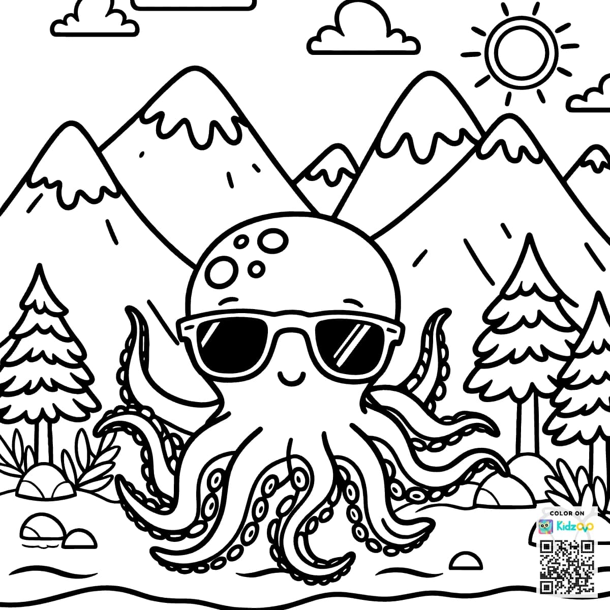 A Cute Octopus in the Mountains wearing Sunglasses