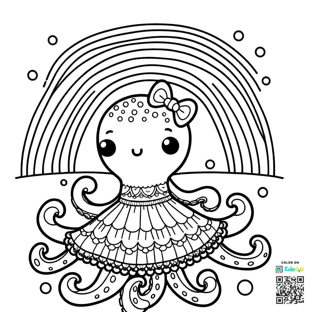 A Cute Octopus on a Rainbow wearing a beautiful dress