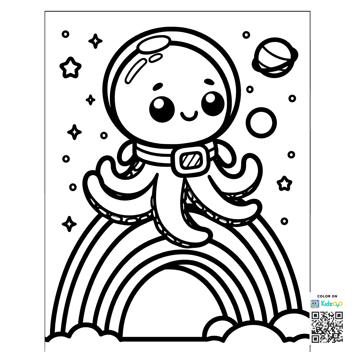 A Cute Octopus on a Rainbow wearing an astronaut suit