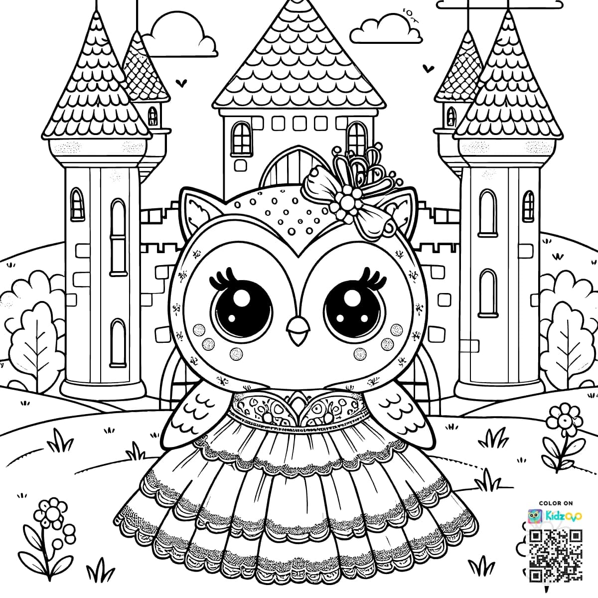 A Cute Owl in a Castle wearing a beautiful dress