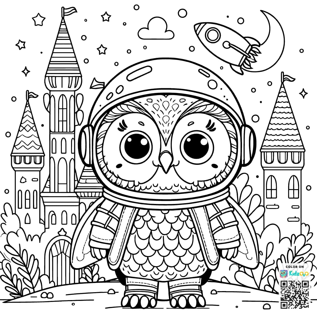 A Cute Owl in a Castle wearing an astronaut suit