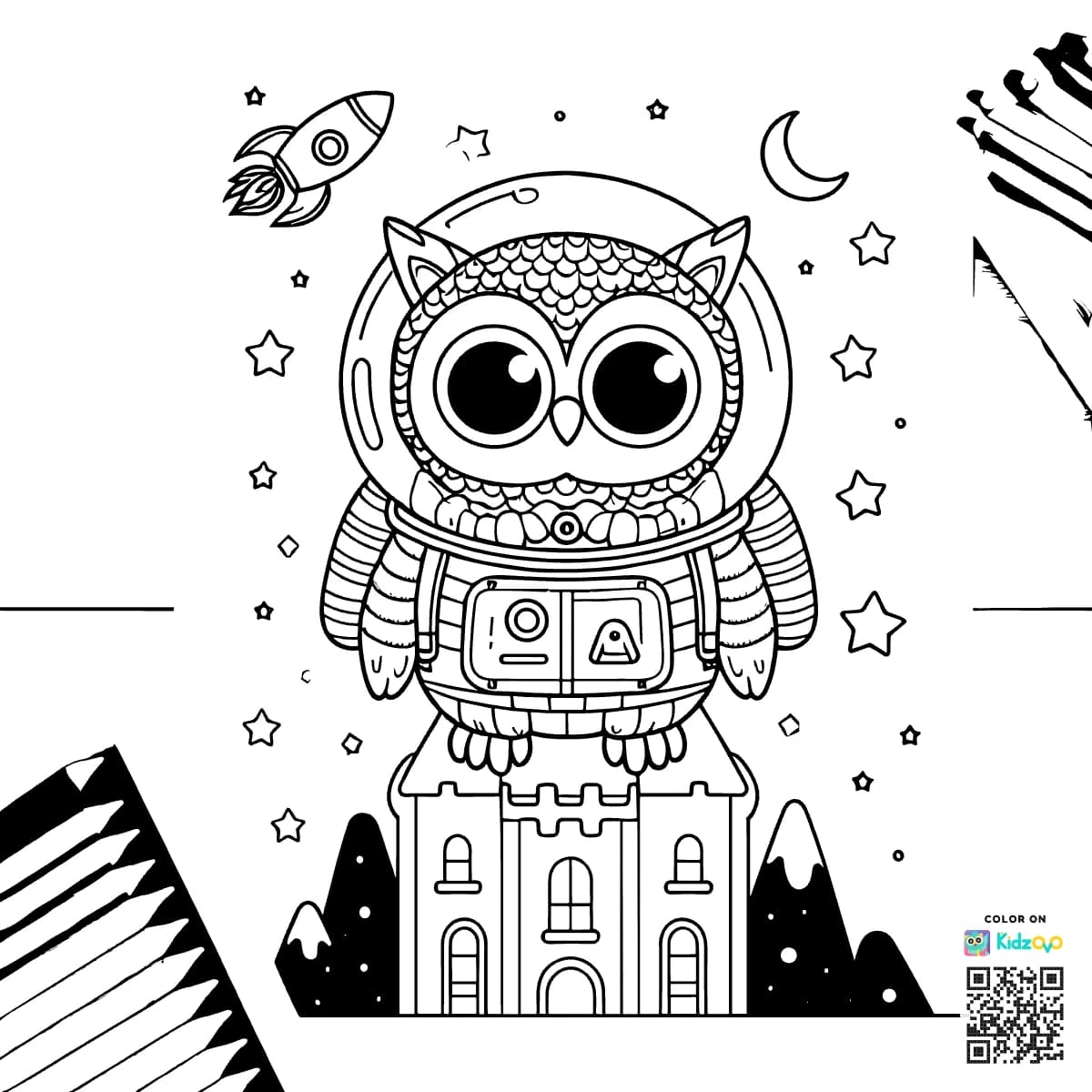 A Cute Owl in a Castle wearing an astronaut suit