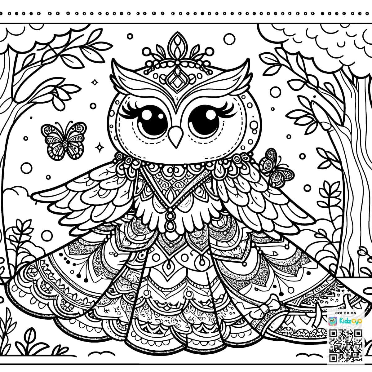 A Cute Owl in the Magic Forest wearing a beautiful dress