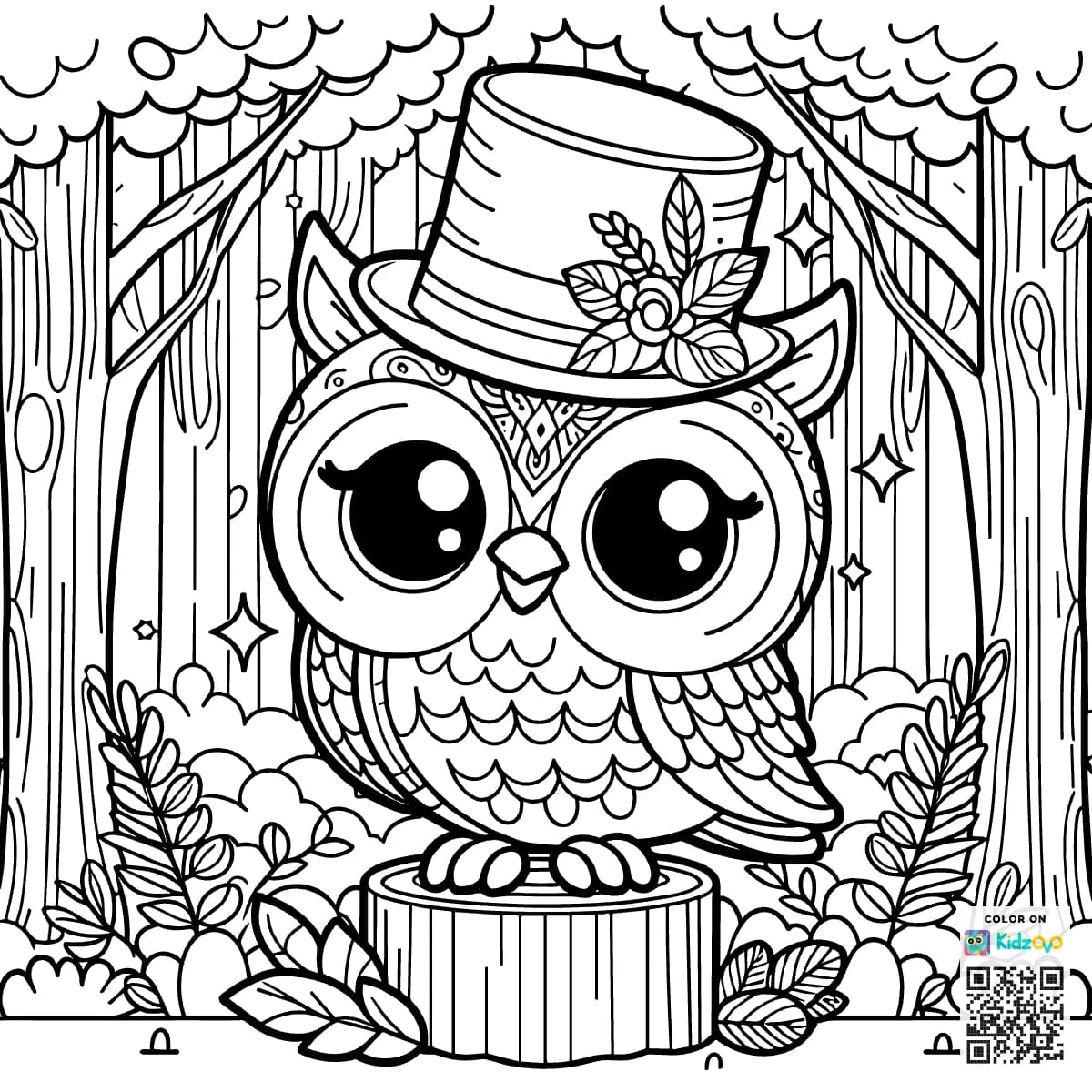 A Cute Owl in the Magic Forest wearing a Top Hat
