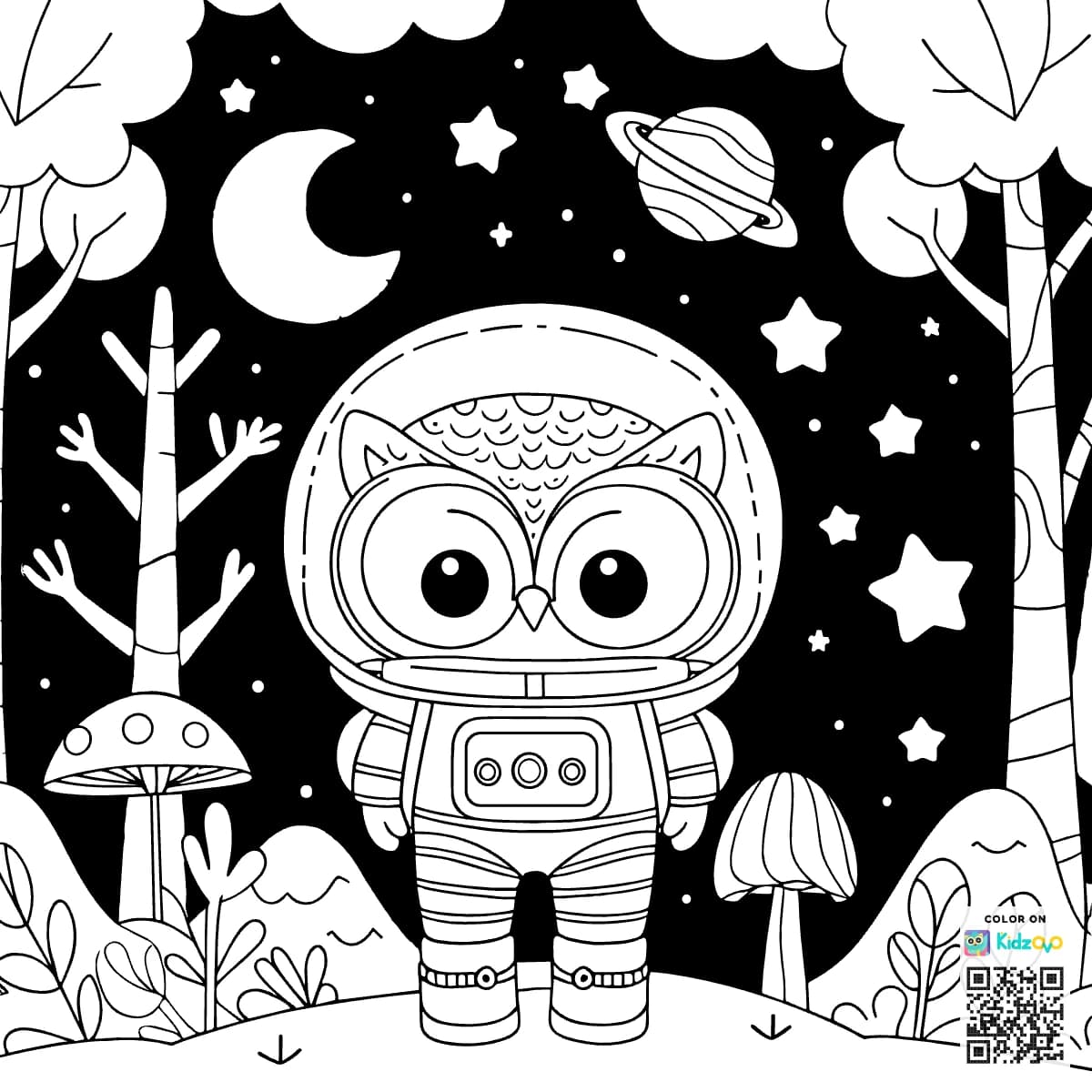 A Cute Owl in the Magic Forest wearing an astronaut suit