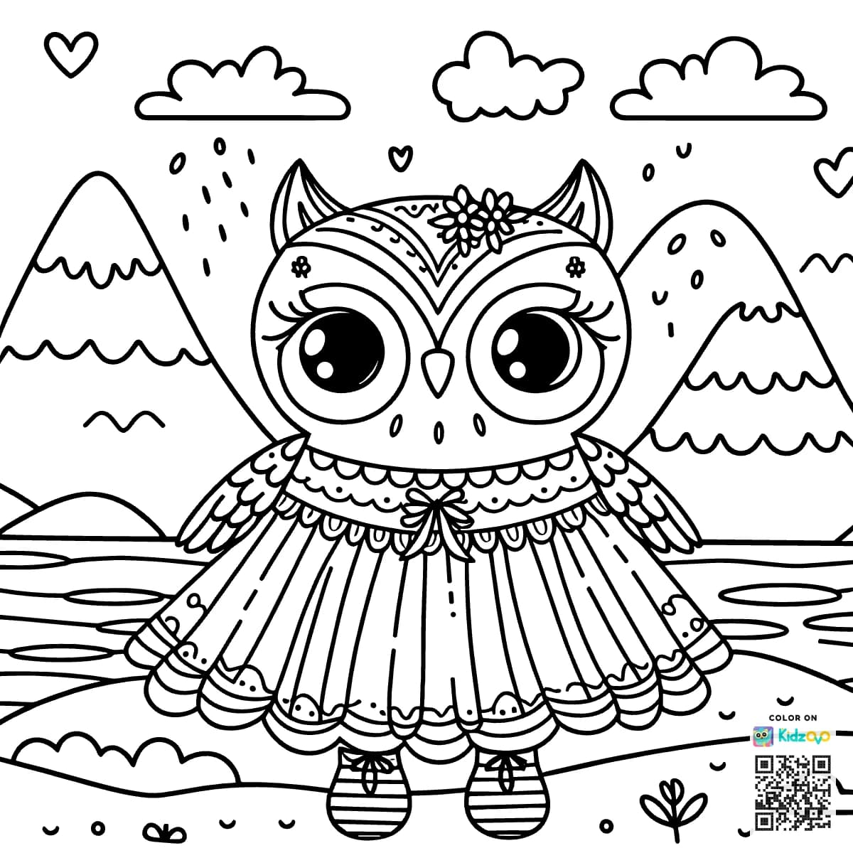 A Cute Owl in the Mountains wearing a beautiful dress