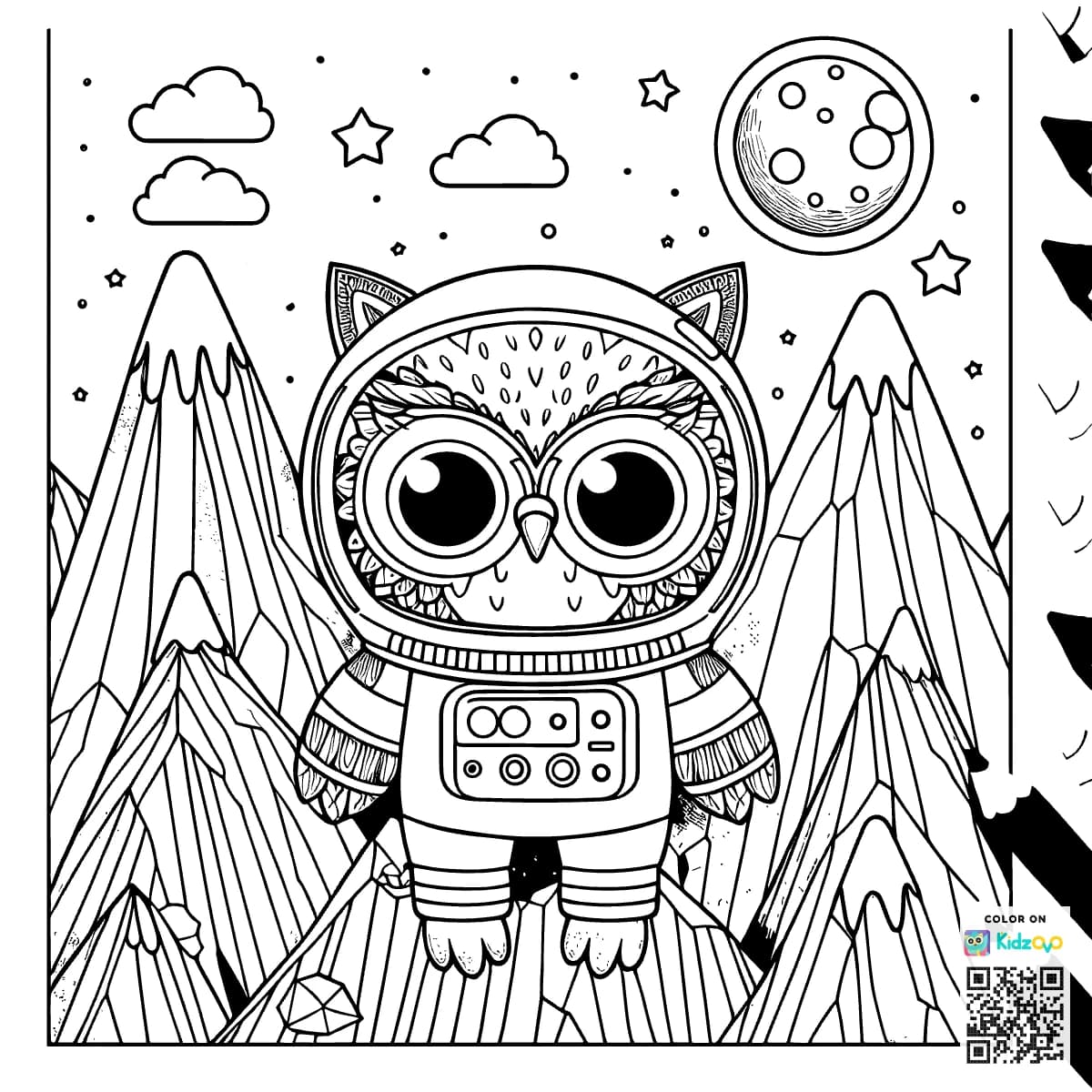 A Cute Owl in the Mountains wearing an astronaut suit