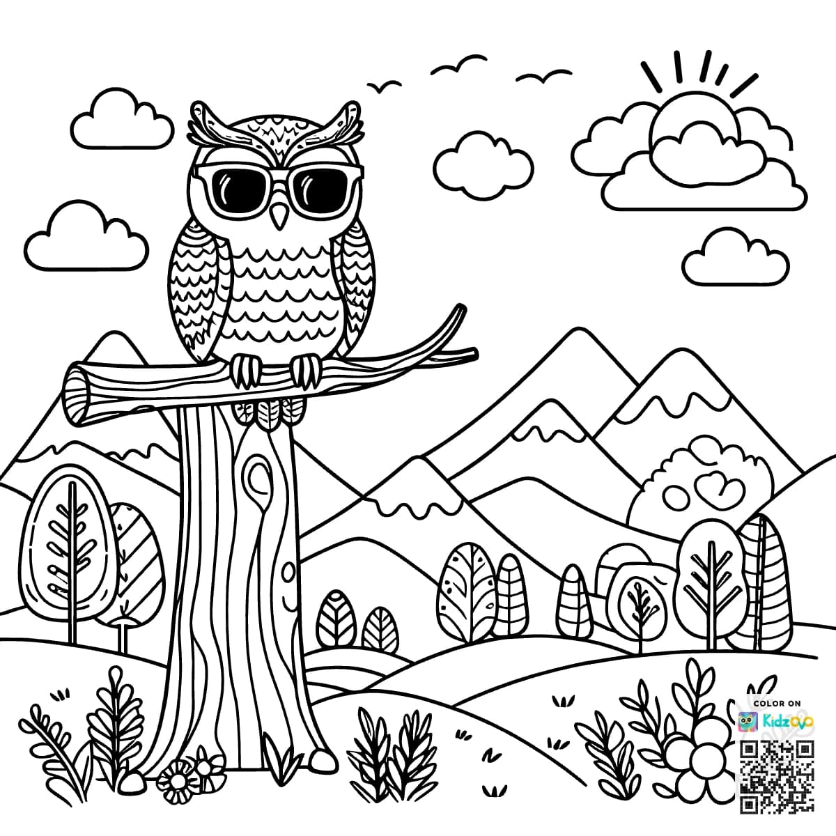 A Cute Owl in the Mountains wearing Sunglasses