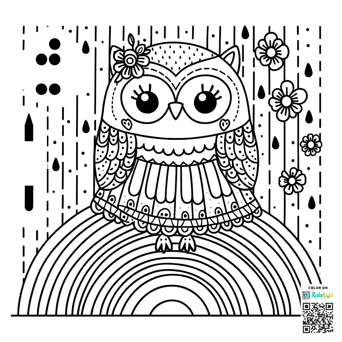 A Cute Owl on a Rainbow wearing a beautiful dress